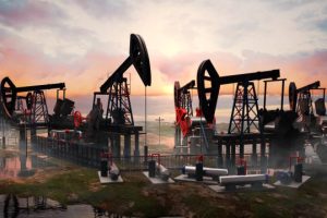 Oil pump, oil industry equipment, drilling derricks from oil field silhouette at sunset. Energy supply crisis. 3D rendering